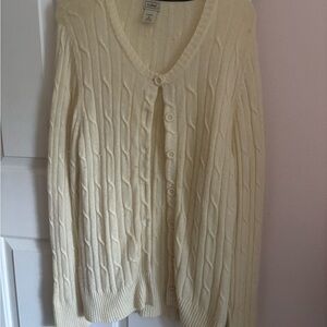 LL Bean Chunky Cable Knit Fisherman Sweater xl Cardigan Women Cream lambswool